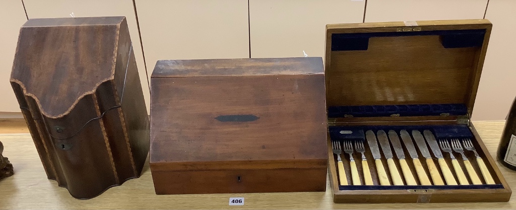 A Georgian knife box (converted to a stationery cabinet), a mahogany stationery box and a canteen of fish eaters